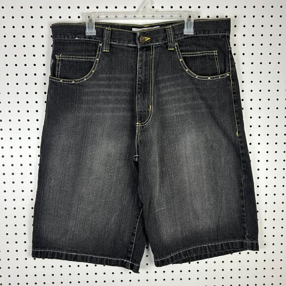 Evolution‎ in Design Gothic Jorts Sz 38 Black Denim Riveted Stitched Skater Punk - Picture 4 of 7
